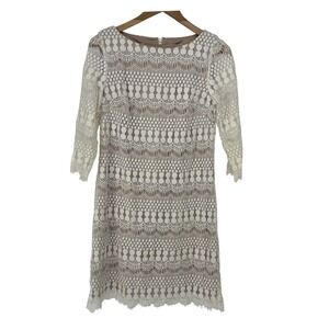 White Lace Sheath Dress 3/4 Sleeve Crochet Overlay Bohemian,